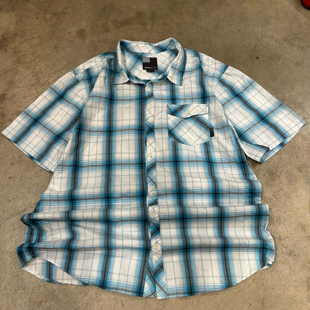 O'Neill Men's Blue and White Plaid Short Sleeve Button-Up Shirt